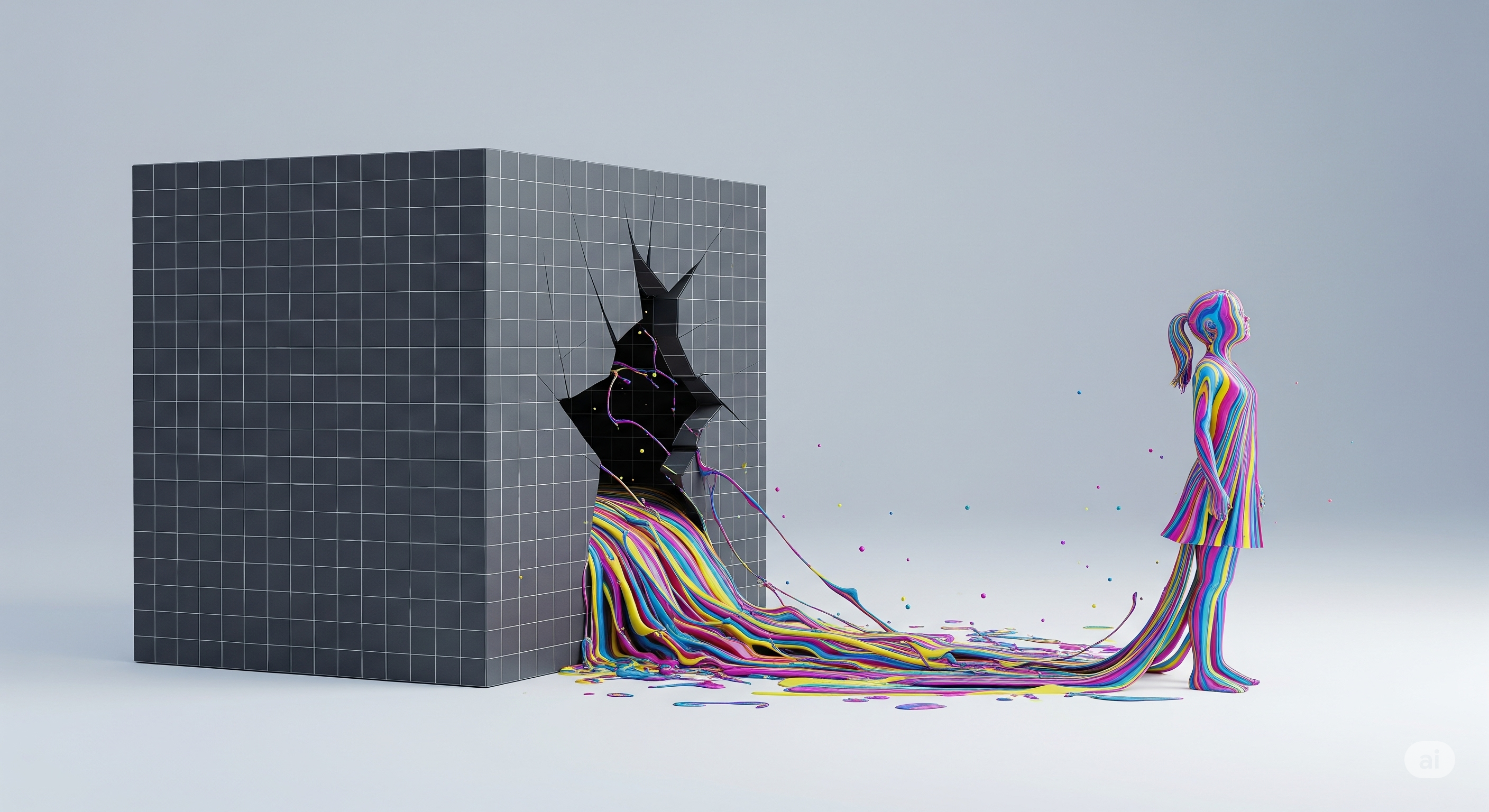 An artistic representation of a girl made of colorful swirls standing outside a broken grey box, symbolizing the unboxing of potential and neurodiverse excellence.